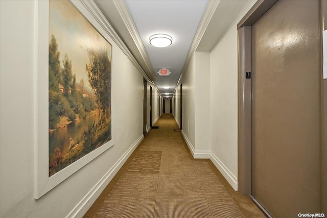 hallway featuring elevator, carpet floors, and ornamental molding