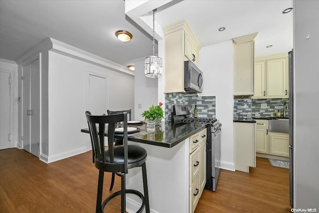 kitchen featuring decorative backsplash, pendant lighting, stainless steel appliances, and dark wood-type flooring