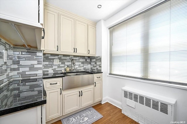 kitchen with radiator heating unit, dark hardwood / wood-style floors, plenty of natural light, and sink