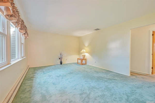 empty room featuring carpet flooring and a baseboard radiator