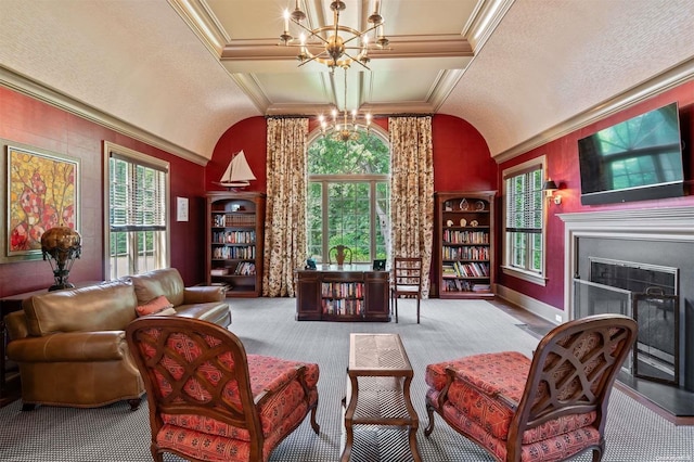 living area with light carpet, vaulted ceiling, ornamental molding, a textured ceiling, and a notable chandelier