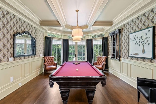 rec room featuring dark hardwood / wood-style flooring, pool table, and ornamental molding