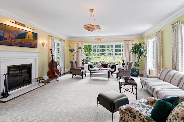 living room featuring ornamental molding and light carpet