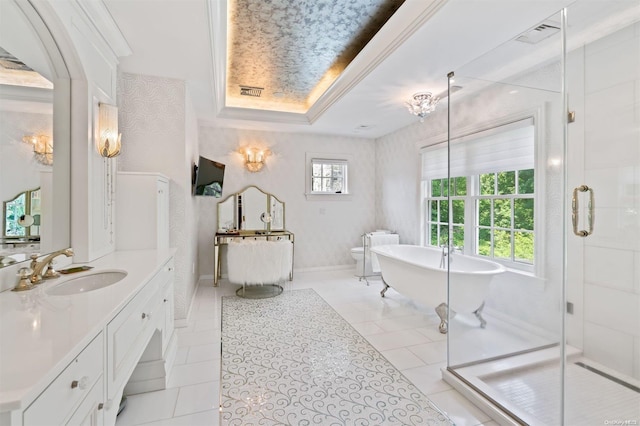 full bathroom with tile patterned flooring, separate shower and tub, and a wealth of natural light