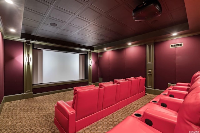 home theater room featuring carpet flooring