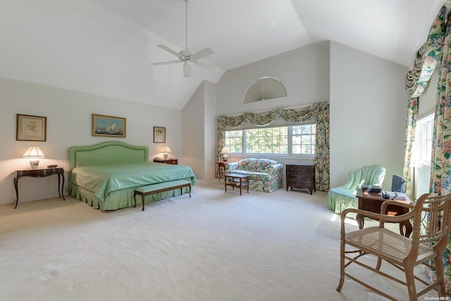 bedroom featuring carpet flooring, ceiling fan, and high vaulted ceiling