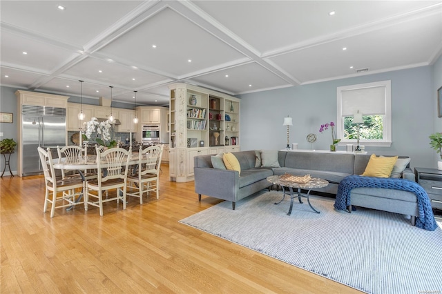 living room with beamed ceiling, light wood-type flooring, crown molding, and coffered ceiling