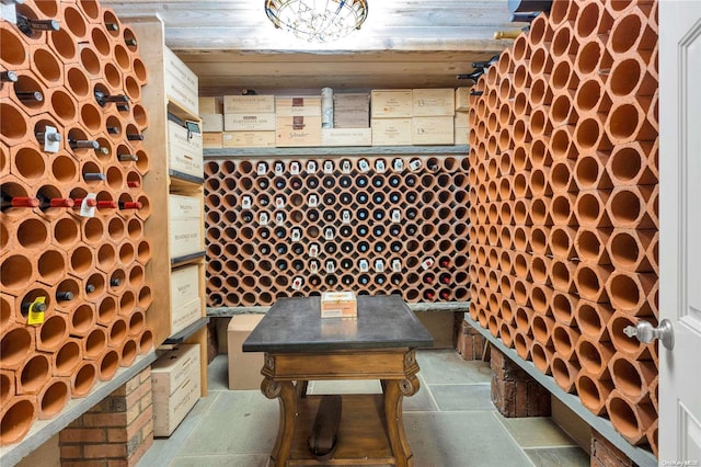 wine room with wood ceiling