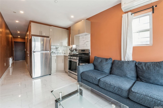 living room featuring a wall mounted air conditioner and sink