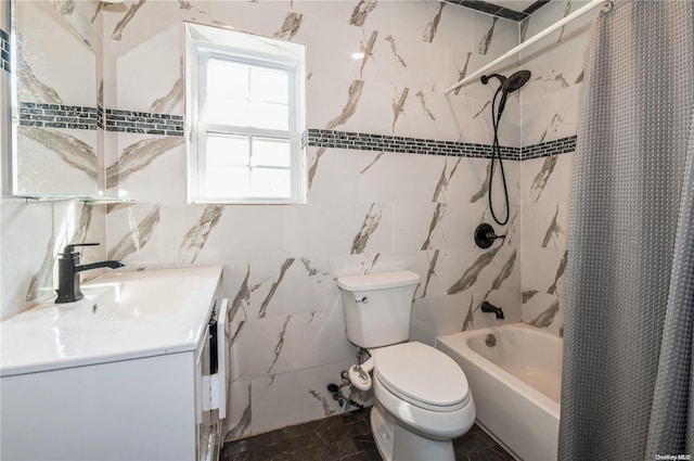 full bathroom featuring vanity, shower / tub combo, tile walls, and toilet