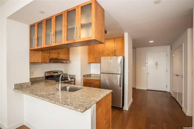 kitchen featuring kitchen peninsula, dark hardwood / wood-style flooring, stainless steel appliances, and sink