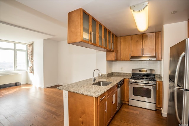 kitchen featuring decorative backsplash, light stone counters, stainless steel appliances, dark wood-type flooring, and sink