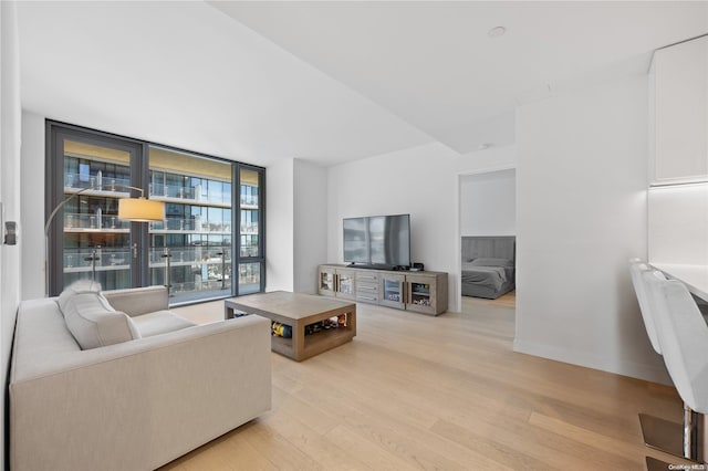 living room featuring light hardwood / wood-style floors and a wall of windows