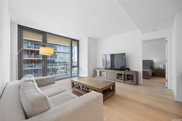 living room with expansive windows and light hardwood / wood-style floors