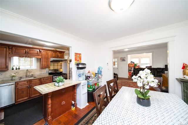 kitchen featuring backsplash, dark wood-type flooring, crown molding, sink, and stainless steel appliances