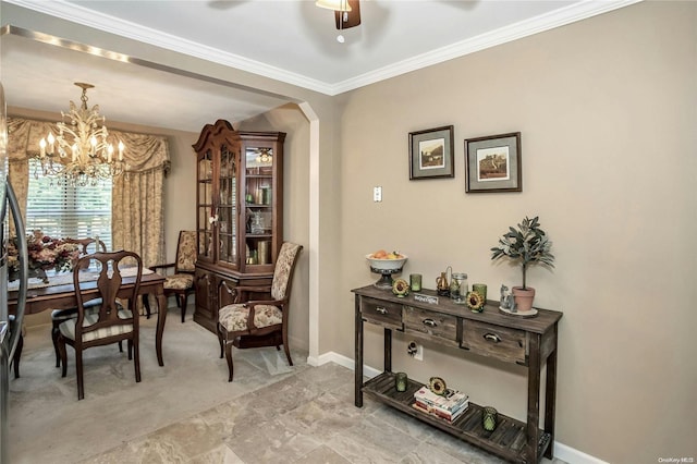 interior space featuring ornamental molding and ceiling fan with notable chandelier