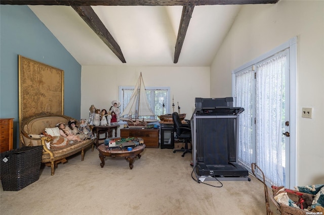 misc room with carpet flooring and lofted ceiling with beams