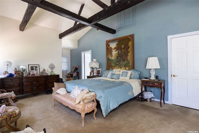 bedroom with beamed ceiling, ceiling fan, carpet, and high vaulted ceiling