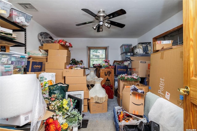 storage room featuring ceiling fan