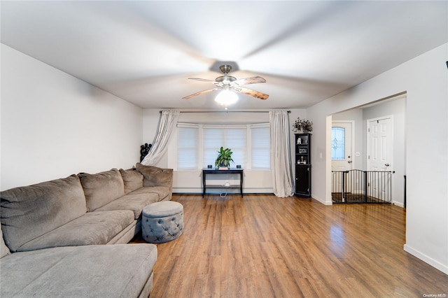 living room featuring hardwood / wood-style flooring, ceiling fan, and a baseboard radiator