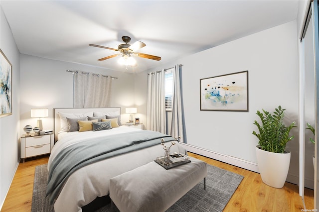 bedroom with light hardwood / wood-style flooring and ceiling fan