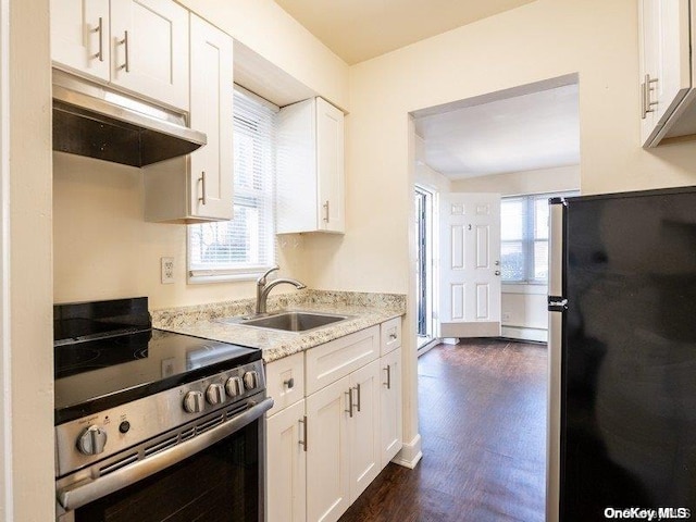 kitchen with white cabinets, appliances with stainless steel finishes, a wealth of natural light, and dark wood-type flooring