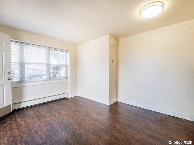 unfurnished room featuring dark hardwood / wood-style flooring and baseboard heating