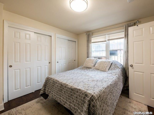 bedroom with dark wood-type flooring and two closets