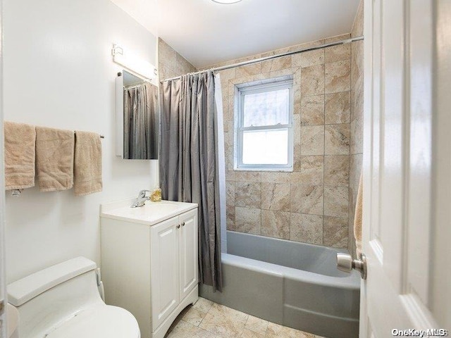 full bathroom featuring vanity, toilet, and shower / bathtub combination with curtain