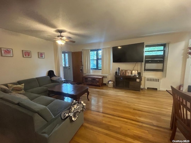 living room with radiator heating unit, light wood-type flooring, plenty of natural light, and ceiling fan