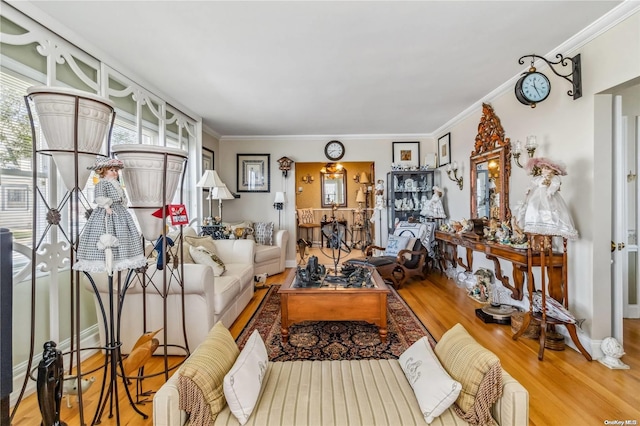 living room with ornamental molding and light hardwood / wood-style floors