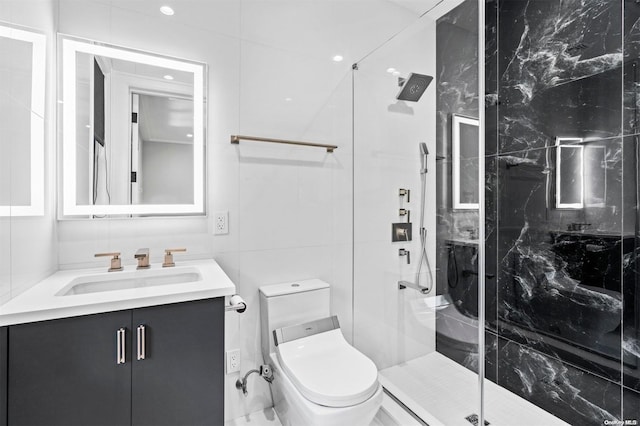 bathroom featuring an enclosed shower, vanity, toilet, and tile walls