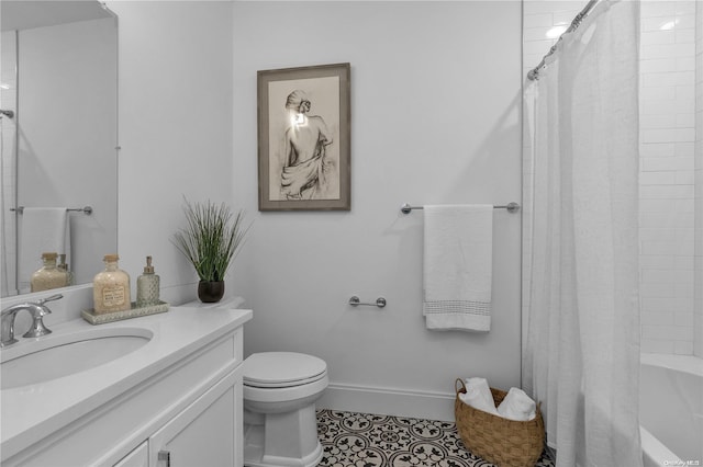 full bathroom with tile patterned flooring, vanity, toilet, and shower / bathtub combination with curtain