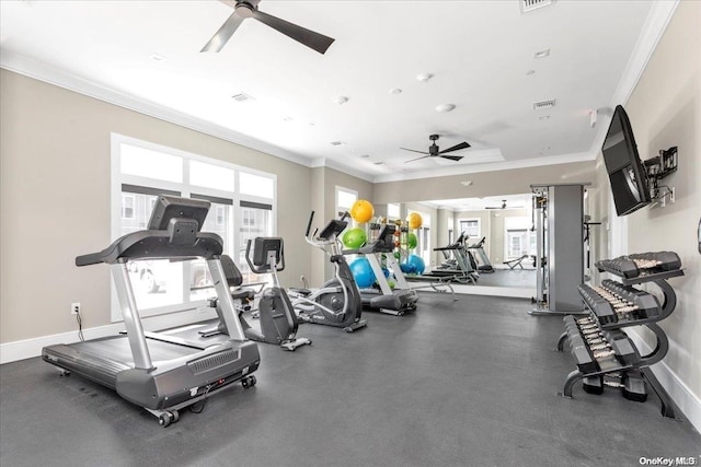 gym featuring ceiling fan and ornamental molding