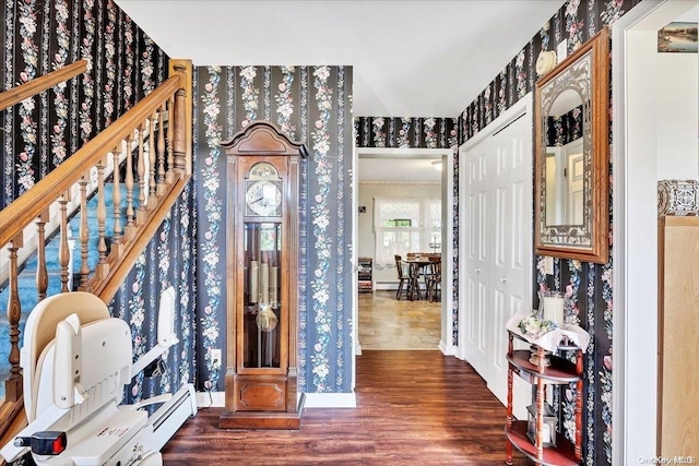 765 Sheep Pen Rd, Call Listing Agent, NY 13849 - foyer entrance featuring wallpapered walls, wood finished floors, baseboards, and stairs
