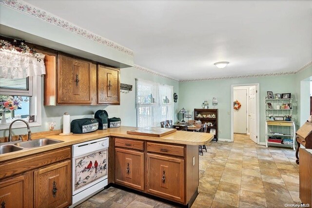 kitchen featuring dishwasher, kitchen peninsula, a wealth of natural light, and sink