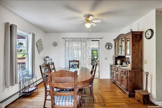 dining room with ceiling fan and dark hardwood / wood-style floors