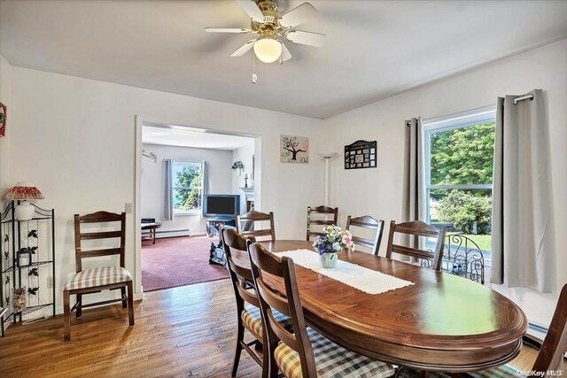 dining space featuring ceiling fan, plenty of natural light, hardwood / wood-style floors, and a baseboard heating unit