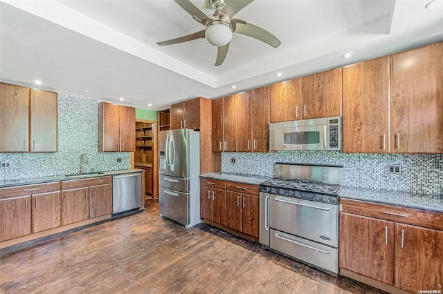 kitchen with appliances with stainless steel finishes, backsplash, a tray ceiling, sink, and dark hardwood / wood-style floors