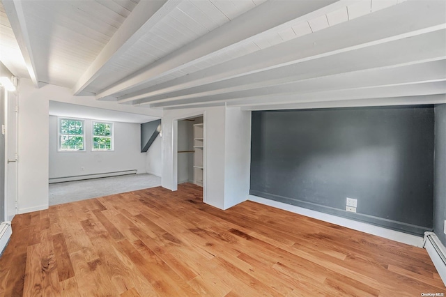 spare room with beam ceiling, light wood-type flooring, and baseboard heating