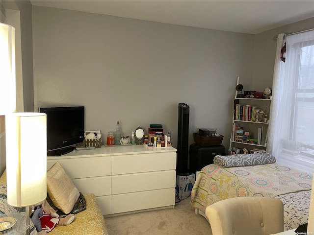 bedroom with light colored carpet