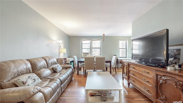 living room with light hardwood / wood-style floors and vaulted ceiling