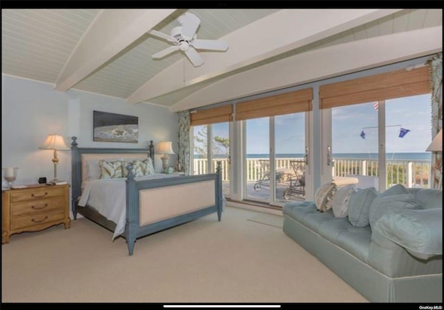 carpeted bedroom featuring access to exterior, ceiling fan, lofted ceiling with beams, and a water view