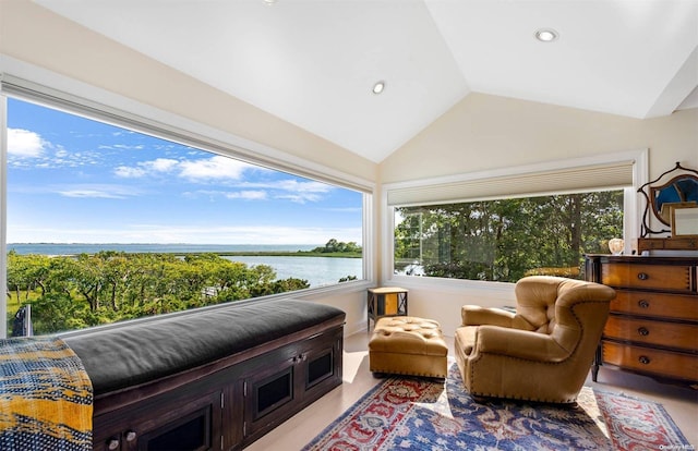 bedroom featuring a water view and lofted ceiling