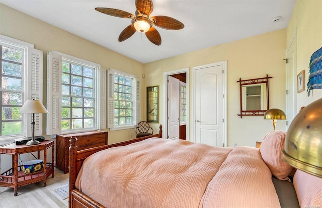 bedroom featuring ceiling fan and light wood-type flooring