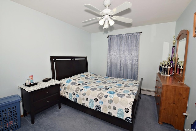 bedroom with dark colored carpet, baseboard heating, and ceiling fan