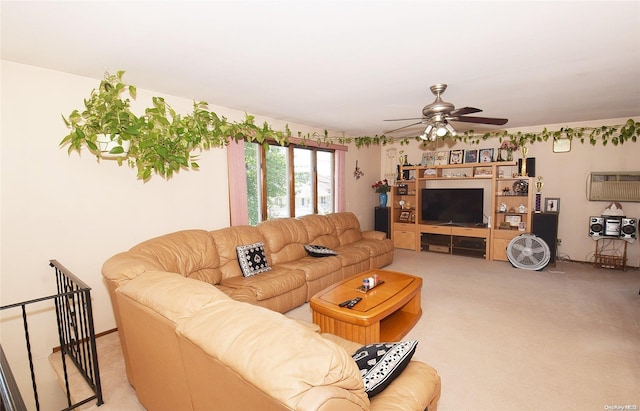 living room with ceiling fan and light carpet