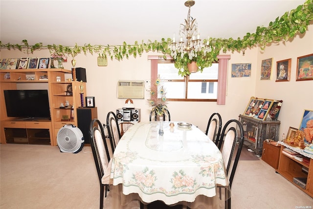 dining room with light carpet and a notable chandelier