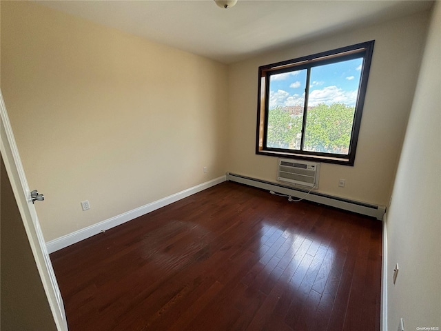 unfurnished room with dark hardwood / wood-style floors, an AC wall unit, and a baseboard radiator