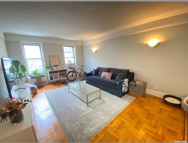 living room with parquet floors and crown molding